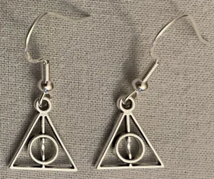 TINY DEATHLY HALLOWS EARRINGS -Pewter/SS Ear Wires WAND CLOAK STONE HARRY POTTER - Picture 1 of 5