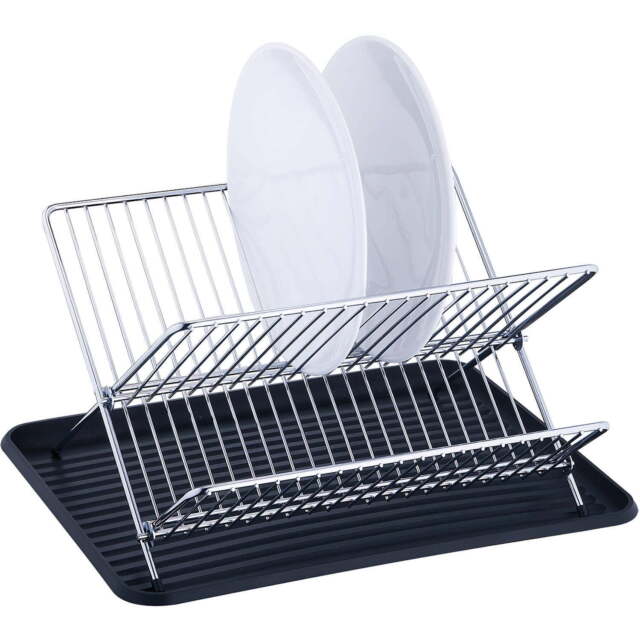 IRIS 2 Tier Stainless Steel Compact Dish Drying Rack with Plastic Drain  Black