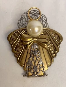 Faux Pearl Head Angel Mixed Metals Gold Silver Brooch Pin 2.5" x 2" Estate Sale! - Picture 1 of 5