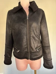 Banana Republic Faux Suede Shearling Soft Lining Moto Jacket Zip Black Ladies S - Picture 1 of 5