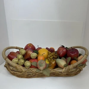 29 Pieces artificial Fruit-Walnuts-pecans in Large Basket With Wooden Handles - Picture 1 of 9
