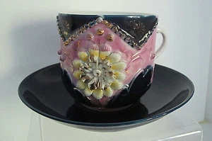 Vintage German Porcelain Pink/Cobalt/Gold Lustre Ware Cup & Saucer~Flowers - Imagen 1 de 10