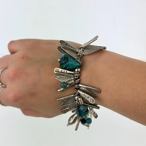 Bracciale Artigianale Argento Sterling Charm Piume Cuori Pesce Nativo 925 Turchese - Foto 1 di 13