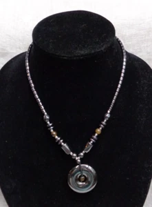 Hematite Peace Sign Necklace Brown & Gray Bead Dangle Pendant Barrel Clasp 18" - Picture 1 of 6