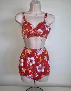 Vintage 1950s-60s Retro Rockabilly Pinup 2/Piece Swimsuit — Hawaiian Tiki Print - Picture 1 of 7