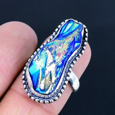 Blue Titanium Quartz 925 Silver Plated Handmade Ring of US Size 7 - Image 1 of 3