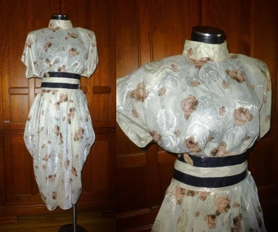 Vtg 80s Avant Garde Mauve Rose print Silky Secretary Cocktail party belted Dress - Image 1 of 4