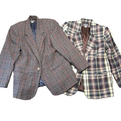 Lote De Colección De 2 Blazers De Lana Para Mujer 12 Marrón Tostado Cuadros Old Money Academia Años 80 90 Foto 1 de 4