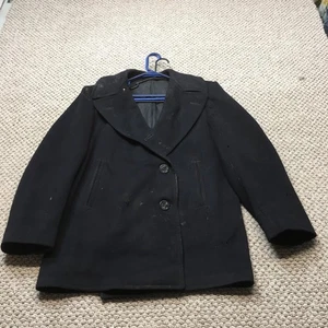 Vintage US Navy Pea Coat Mens 40R Black Wool Military Damaged 60s - Picture 1 of 14