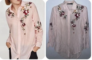Zara rosa Bluse bestickt Blumen Gr. XS Tunika länger Shirt Krempelärmel Etikett - Bild 1 von 14