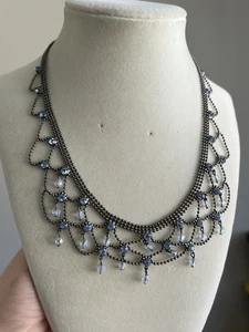 Lia Sophia Blue Rhinestone Lace Bib Necklace Dangle Bead Formal Webbed - Picture 1 of 4