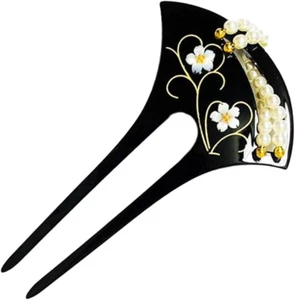 Black Kanzashi Hairpin Pearl Japanese Kimono Accessory Bachi Comb Style for Updo - Picture 1 of 6