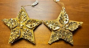 Pier 1 Gold 3D Star W/ Sequins Beading Glitter 6.5" Christmas Ornament Set of 2 - Picture 1 of 9