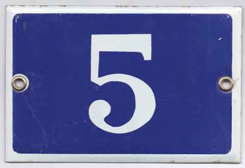 Old blue French house number 5 door gate plate plaque enamel metal sign steel Cover