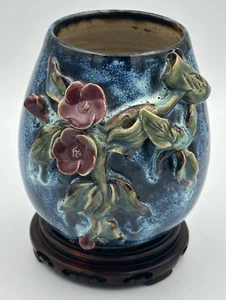 Pottery Vase Pot Jun Kiln Stoneware China Cobalt Blue Red Flowers & Green Leaves - Picture 1 of 10