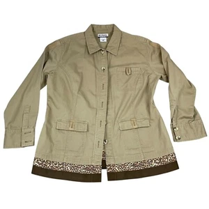 Columbia Women's Jacket XL Beige Button-Up With Leopard Hem Accents 100% Cotton - Picture 1 of 16