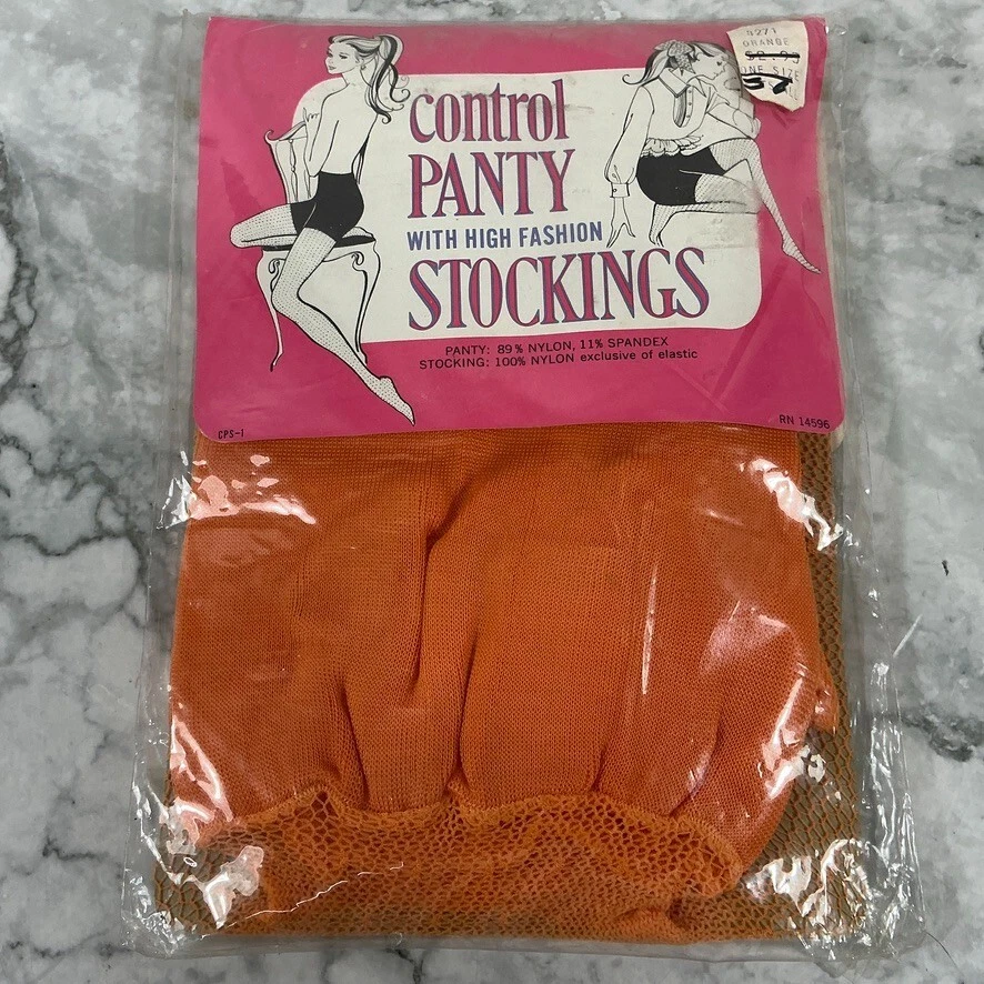 Medias, pantimedias, medias de red de pesca naranja vintage de los años 60 NOS Foto 1 de 4