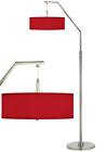 Modern Arc Floor Lamp Nickel Red Faux Silk Shade for Living Room Reading Bedroom