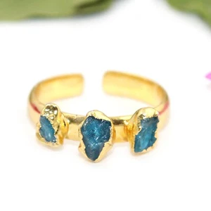 Raw Neon Apatite Three Stone Ring Gold Electroplated Adjustable Jewelry - Picture 1 of 2