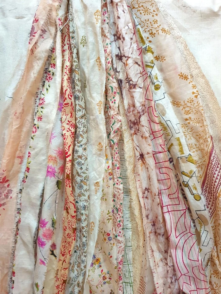 21 Yards Unstitched Sari Silk Yarn Ribbon Tassels SKEINS Beige Cream Journal Scr - Image 1 of 4