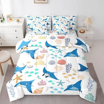 Conjunto de edredom queen 7 peças com lençóis, roupa de cama azul Manta Ray vida marinha para cama... - Imagem 1 de 4
