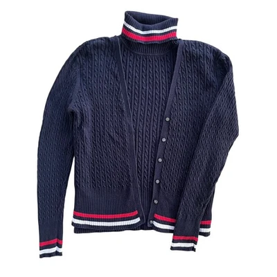 Tommy Hilfiger LG Navy Blue Red Wt Striped Cable Knit Cardigan & Sweater Set VTG - Image 1 of 4