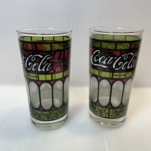 Vtg Coca Cola Stained Glass Tiffany Style Tumblers Set 2 12 oz Glasses 70s 80s - Picture 1 of 4