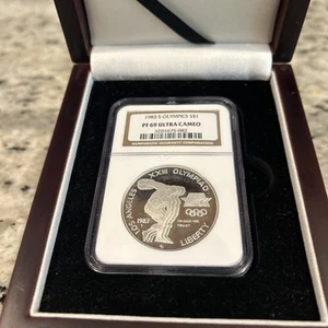 1983 S Olympics Silver Dollar NGC PF 69 Ultra Cameo / Wood Display Case - Picture 1 of 4