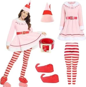Para mujer Disfraz de Elfo Rosa + Medias Cubiertas de Zapatos Vestido de Ayudante de Santa MEDIANO - Imagen 1 de 6