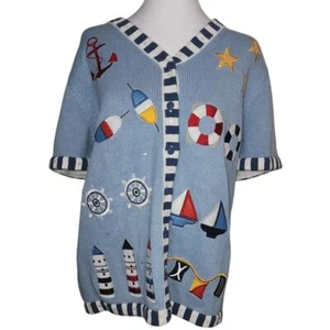 The Quacker Factory Nautical Theme Short Sleeve Cardigan Sweater Sailing Beach M - Picture 1 of 7