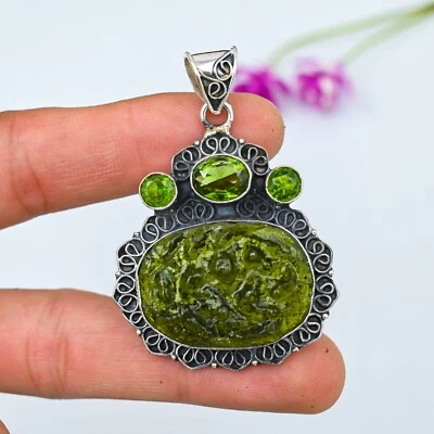 Colgante Moldavita Cuarzo, Peridoto Plata de Ley 925 Hecho a Mano Joyería Regalo de Amor Foto 1 de 4