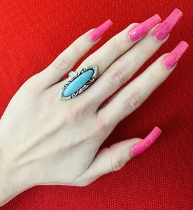 Anillo Nativo Americano Navajo Largo Azul Turquesa Piedra Firmado Plata de Ley 7 - Imagen 1 de 7