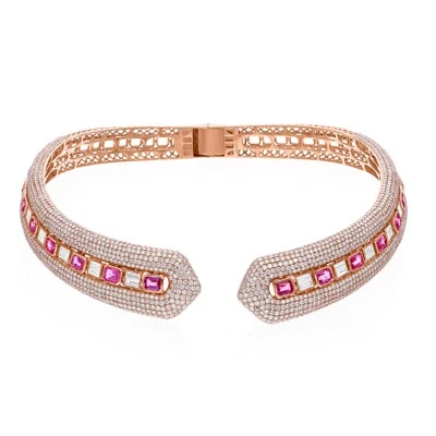 28.67 TCW Pink Sapphire Gemstone Real H/SI Diamond Choker Necklace 14k Rose Gold - Image 1 of 4