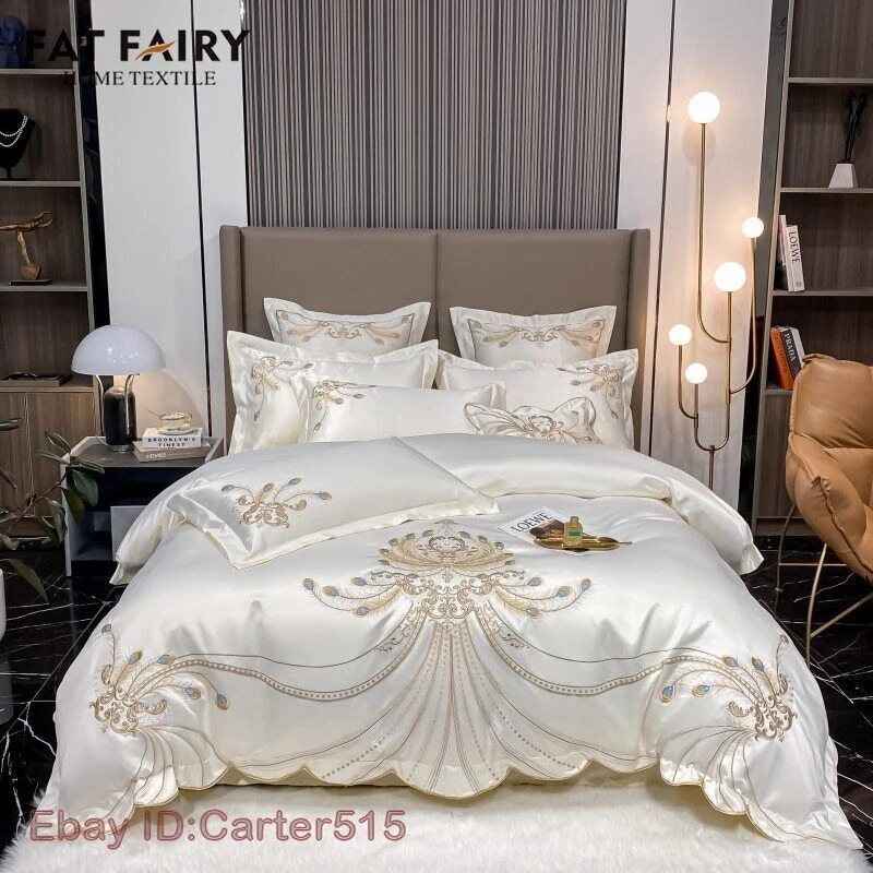 Luxury Gold Feather Embroidery Egyptian Cotton Duvet Cover Bed Sheet Bedding Set - Image 1 of 4