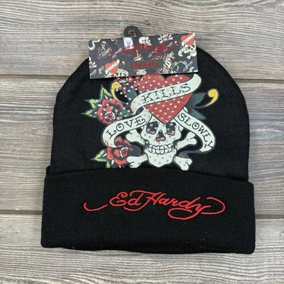 Ed Hardy 2-Pack Knit Beanie Hat Skull Love Kills Tiger Black Y2K One Size NEW - Image 1 of 4