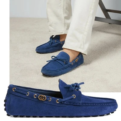 ZAPATOS GUCCI PARA HOMBRE DRIVER AZUL GAMUZA CUERO ENTRELAZADO LOGOTIPO G talla 10.5 11 EE. UU. Foto 1 de 4