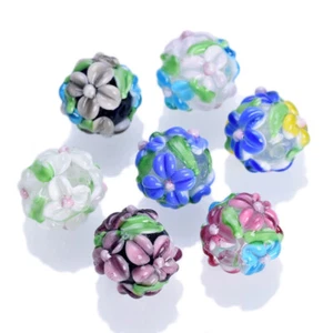 2pcs Handmade Flower 16mm Round Lampwork Glass Loose Beads For Jewelry Making - Picture 1 of 11