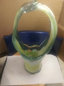 VINTAGE Hand Blown Art Glass Stretch Glass Basket / Vase. Green Tint With Yellow - Picture 1 of 12