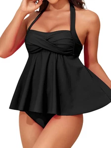 Damen Badeanzug Hohe Taille Rüschen Rückenfrei Bikini Bademode Zweiteiler - Bild 1 von 19