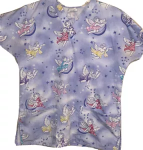 Womens Scrub Top Size Small Angel Pattern Blue - Picture 1 of 3