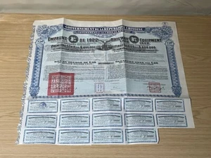 1922 Government Chinese Republic Railway Equipment Bond 8% inc Coupons Share - Picture 1 of 10