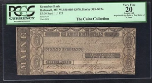 1823 $5 KENNEBEC BANK HALLOWELL, MAINE OBSOLETE NOTE PCGS VERY FINE-20 - Picture 1 of 2