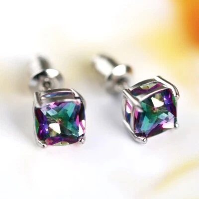 925 Sterling Silver 7MM Rainbow Mystic Square Topaz Stud Earrings UK Seller - Image 1 of 4
