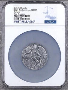 NGC MS70 FR 2021 Lady Fortuna Celestial Beauty 2oz Antique Silver Coin Cameroon - Picture 1 of 3