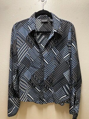 New York & Co. Mujer M Camisa Abotonada Azul Argyle Rayas Cuello LS De Colección Foto 1 de 4