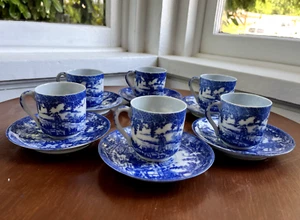 VTG Antique Blue White Porcelain Japan Geisha Demitasse/Tea Cup & Saucer SET SIX - Picture 1 of 24