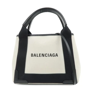 BALENCIAGA Navy Cabas XS Canvas Calf Skin 2Way Hand Bag 390346 Auth Used F/S - Picture 1 of 23