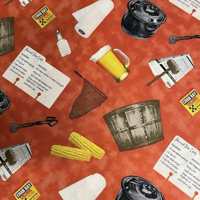 Blank Textile Fabric  BBQ  Steamed Crab Print #5512 Large Print  2 Yards NEW - Image 1 of 4