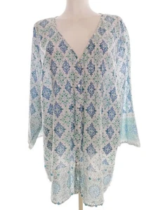 Together Size 22 (48) Blue Buttoned Tunic Blouse Cotton 100% Sleeve 3/4 Damask - Picture 1 of 5