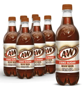 A&W Zero Sugar Root Beer Soda Pop, 16.9 fl oz, 6 Pack Bottles - Picture 1 of 1